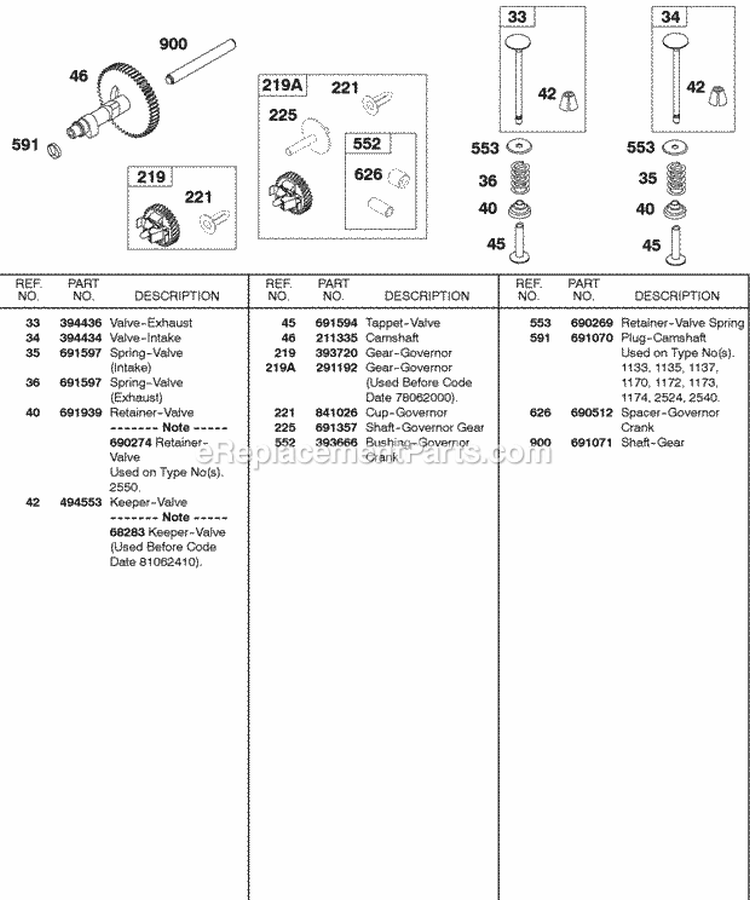 Valves Camshaft Diagram and Parts List for  Briggs and Stratton Engine